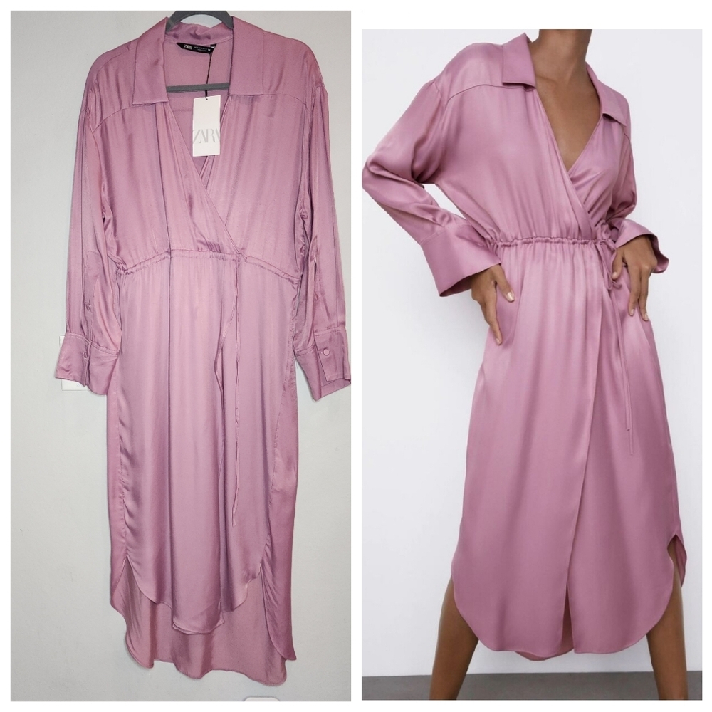 NWT ZARA Pink Satin Faux Wrap Midi  V-neck Dress Size Medium Cinch Waist